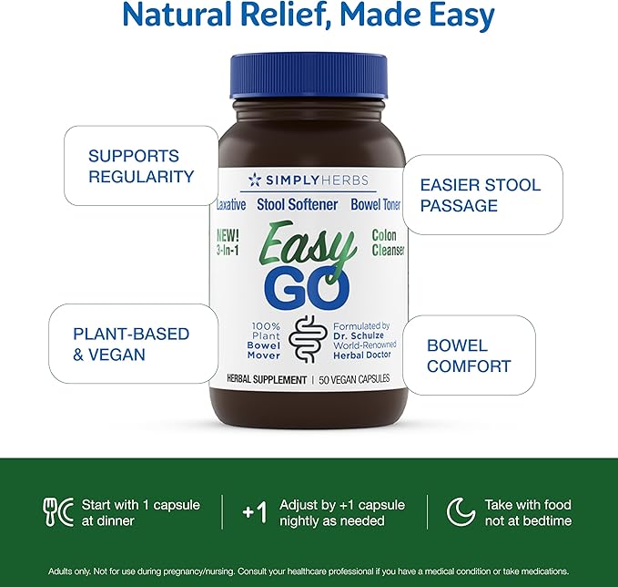 Simply Herbs Easy Go Bowel Mover - Adult Cleansing Supplement for Colon Health Support - Bowel Movement Aid - Stool Softener - Daily-Use Laxative - Plant-Based Ingredients - Vegan - 100 Count (2 Pack)
