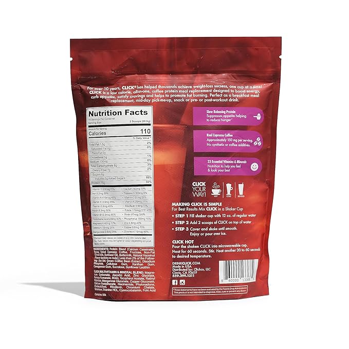 Click Coffee Protein Powder | Double Shot Espresso | 16g Protein | 23 Essential Vitamins | Low Calorie Meal Replacement | 150mg Caffeine | Gluten Free | No Artificial Flavors or Colors | Hazelnut