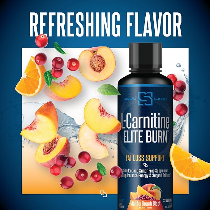 SIRENLABS L-Carnitine Elite Burn Liquid Keto Fat Burner and Metabolism Activator - Fat Loss Support Keto Friendly Weight Loss Increase Energy-Stimulant Free - Malibu Beach Blast 3000mg (32 Servings)