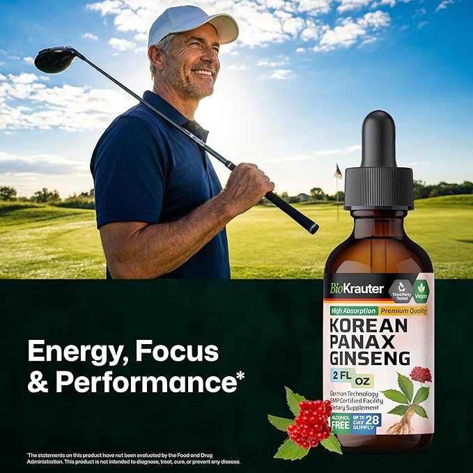 BIO KRAUTER® Ginseng Supplement - Pure Vegan Liquid Drops Korean Red Ginseng 696 mg per Serving 2 Fl.Oz 28-Day Supply - Used for Energy, Focus, Performance & Immune Support - Alcohol & Sugar Free