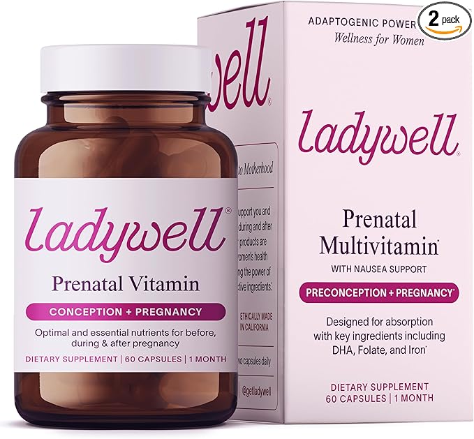 Ladywell Prenatal Multivitamin | Conception, Pregnancy & Postpartum | Key Ingredients Including DHA, Folate & Iron | Expertly-Formulated & Tested | Designed for Absorption with Nausea Support, 2-Pack