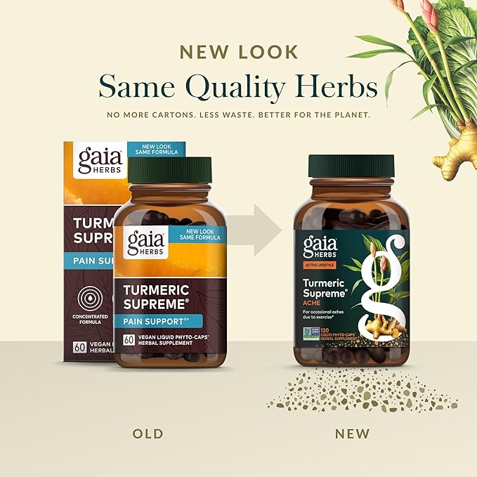 Gaia Herbs Turmeric Supreme Ache- Helps Provide Relief of Occasional Aches - with Turmeric Curcumin, Black Pepper, Devil’s Claw, Ginger, Feverfew & More - 60 Liquid Phyto-Capsules(30-Day Supply)