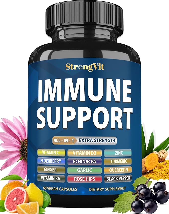 Immune Support Supplement 12 in 1 Complex with Vitamin C, D3, Zinc, Echinacea, Elderberry, Ginger, Turmeric. Immune Defend for Men & Women, Non-GMO, Gluten-Free, Vegan, USA