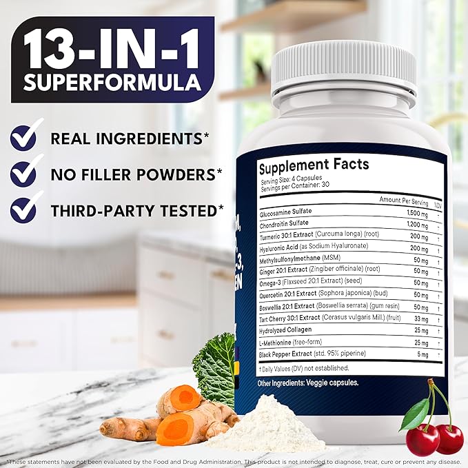 Glucosamine Chondroitin, MSM, Turmeric Curcumin, Collagen, Hyaluronic Acid, Omega 3 – Health Supplement for Men & Women – 240 Count