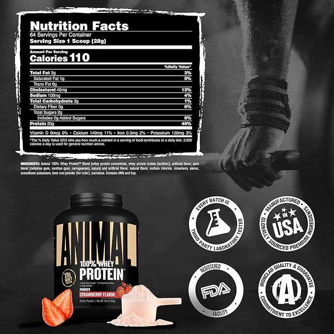 Animal 100% Whey Protein Powder – Whey Blend for Pre or Post Workout, Recovery, Anytime Low Sugar Protein Boost Meal Replacement with BCAA Branched Chain Amino Acids – New Flavor, Strawberry, 4 lb