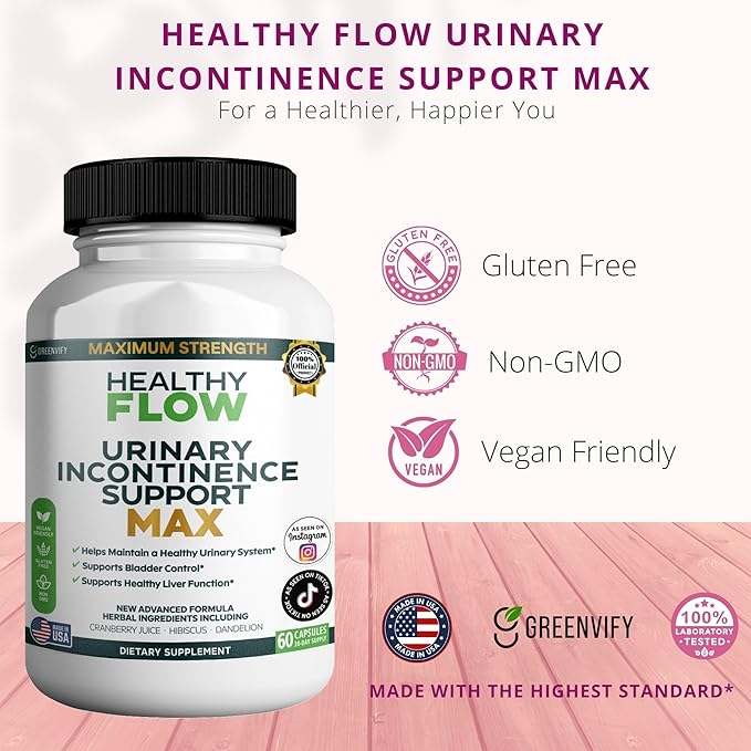 Healthy Flow Urinary Incontinence Support Max, 60 Veggie Capsules, Cranberry Juice Hibiscus Dandelion Formula, 30 Day Supply (3)