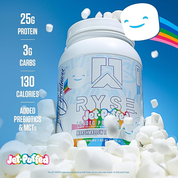 Ryse Loaded Protein Powder - Jet-Puffed Marshmallow - 25g Whey Protein Isolate & Concentrate with Prebiotic Fiber & MCTs - Low Carb, Low Sugar, Digestive-Friendly - 54 Servings / 4 lb Tub