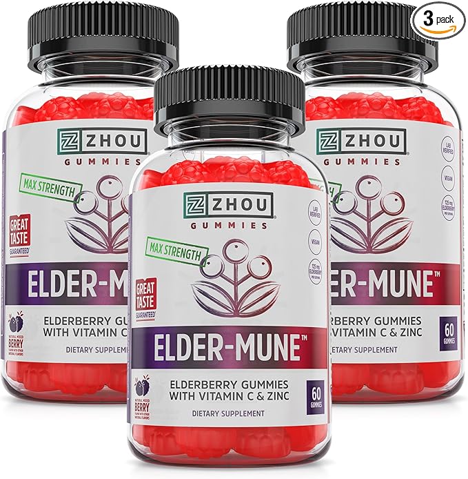 ZHOU Elder-Mune Elderberry Gummies - Black Elderberry Vitamin C, & Zinc, Daily Immune Support Supplement for Women & Men, Natural Chews for Adults & Children 4 & Up - 60 Gummies (3 Pack)