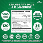 Zazzee USDA Organic Cranberry PACs & D-Mannose, 36 mg PACs per Serving, 1000 mg D-Mannose per Serving, 120 Vegan Capsules, 2 Month Supply, Urinary Tract & Bladder Support, Non-GMO, Made in the USA