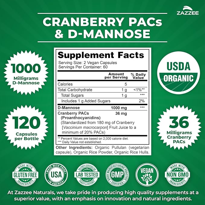 Zazzee USDA Organic Cranberry PACs & D-Mannose, 36 mg PACs per Serving, 1000 mg D-Mannose per Serving, 120 Vegan Capsules, 2 Month Supply, Urinary Tract & Bladder Support, Non-GMO, Made in the USA