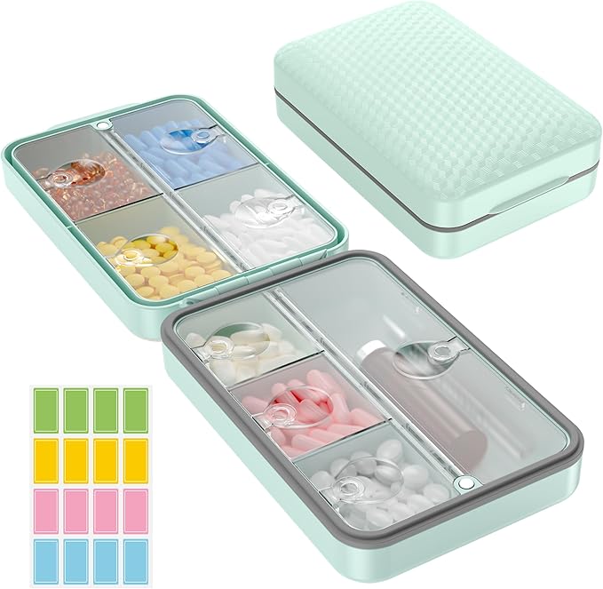Restree Weekly Pill Organizer 8 Compartment, [Triple Seal Magnetic Lock] Travel Pill Case with Labels & Inner Lid, Moisture Proof for Vitamins, Fish Oil, Supplements, Daily Meds – 7+1 Large (Green)