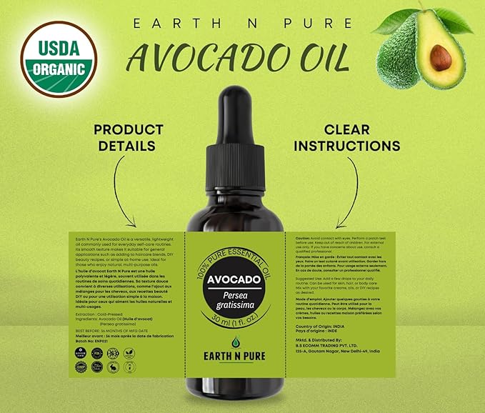 Earth N Pure Avocado Oil Cold Pressed, Natural and Therapeutic Grade for Hair and Skin - 50 ml