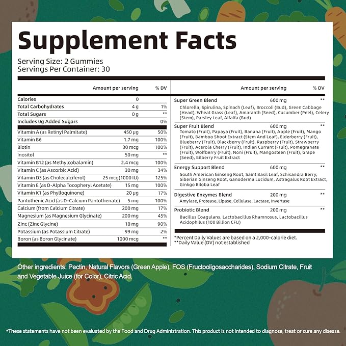 61-in-1 Supergreens Daily Gummies for Women and Men, Multivitamin Superfood Gummy with Probiotics for Metabolic, Energy, and Digestive Health, Sugar Free, Green Apple Flavor, 60 Count