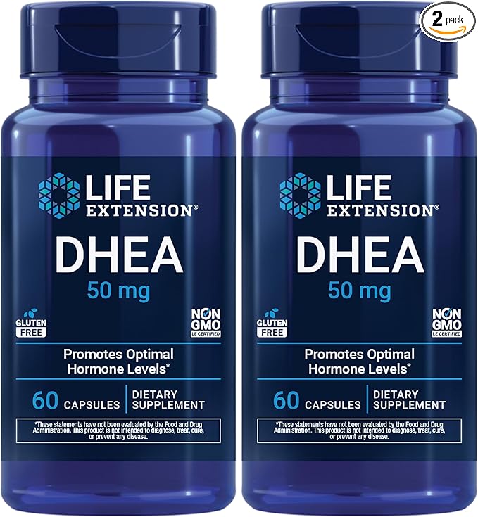 Life Extension DHEA 50 mg – Hormone Balance Supplement, Memory, Muscle Mass and Bone Density Support, Healthy Sex Drive, Gluten-Free, Non-GMO, 60 Capsules (Pack of 2)