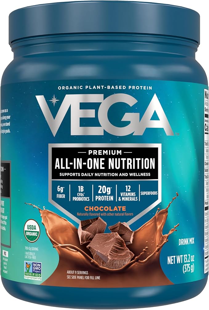 Vega Organic All-in-One Vegan Protein Powder, Chocolate - Superfood Ingredients, Vitamins for Immunity Support, Keto Friendly, Pea Protein for Women & Men, 13.2 oz (Packaging May Vary)