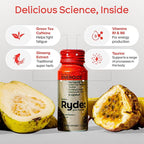 Ryde: Energize Shot | Tropical Flavor | Green Tea Caffeine, Taurine, Ginseng Extract & B Vitamins | 0 Calories, 0 Sugar | 2 FL OZ Shots | Boosts energy* (8 Pack)