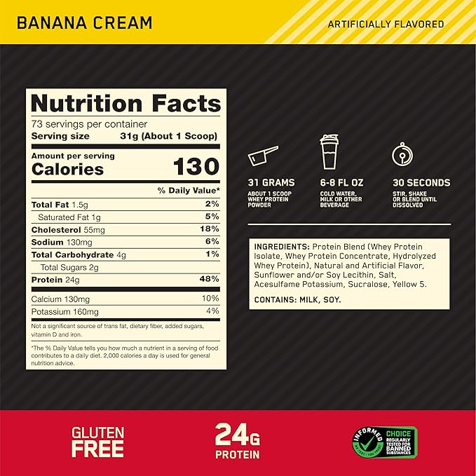 Optimum Nutrition Gold Standard 100% Whey Protein Powder, Banana Cream, 5 Pound (Packaging May Vary)