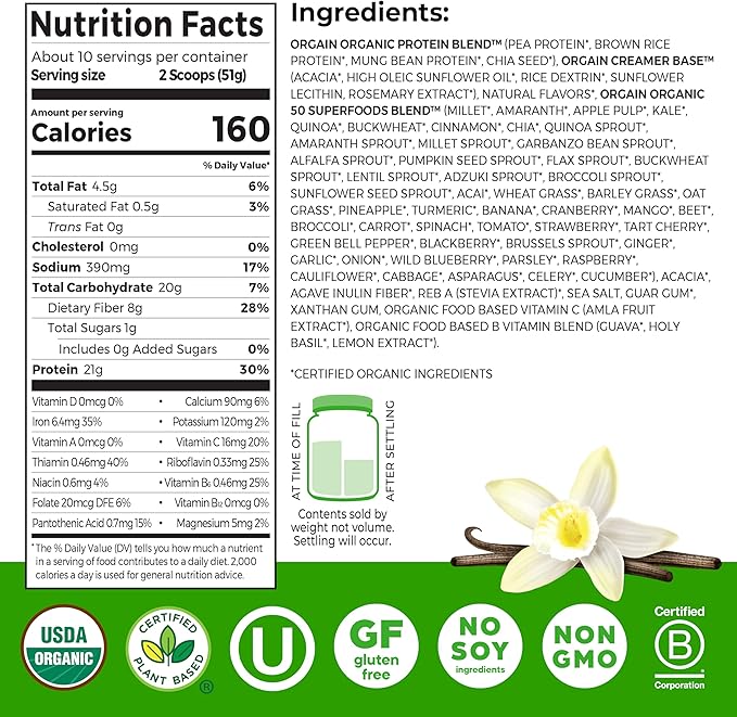 Orgain Organic Vegan Protein + 50 Superfoods Powder, Vanilla Bean - 21g Plant Based Protein, 8g Prebiotic Fiber, No Lactose Ingredients, Gluten Free, No Added Sugar, 1.12 lb (Packaging May Vary)
