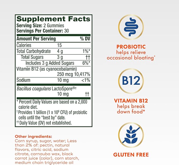 Align Probiotic, Bloating Relief + Food Digestion, Probiotics for Women and Men, Probiotic Helps Soothe Occasional Bloating*, With Vitamin B12 to Help Break Down Food into Cellular Energy*,60 Gummies