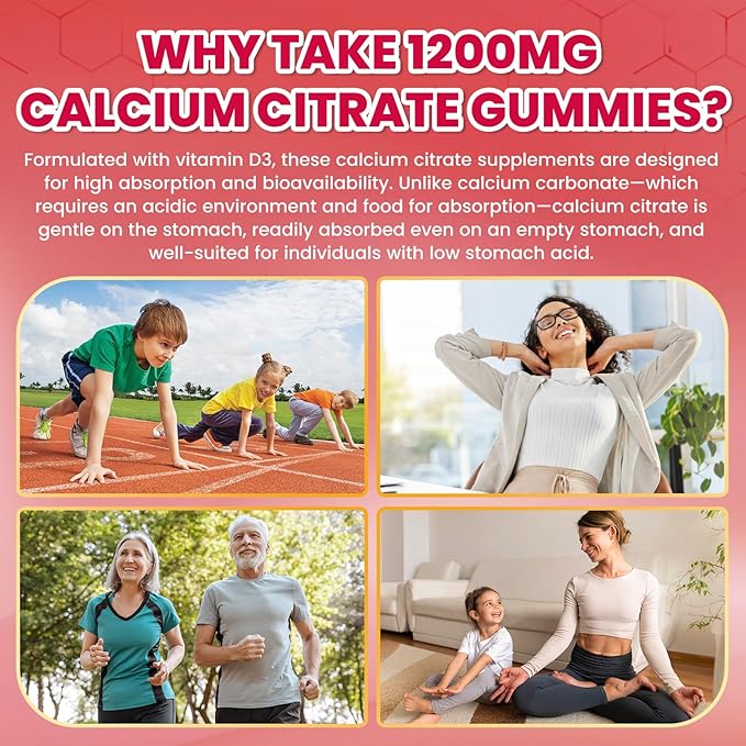 Calcium Citrate Gummies - 1200mg Calcium Gummies Supplements for Women & Men with Vitamin D3, K2, Magnesium, Zinc High Absorption for Bone, Muscle & Immune Support, Strawberry Flavor, 120 Count