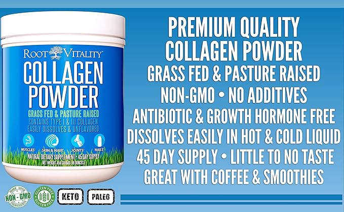 Root Vitality Collagen Peptides Powder - Grass-Fed, Pasture-Raised Hydrolyzed Protein Supplement for Skin, Hair, & Nails - Non-GMO, Zero Sugar Daily Supplement for Men & Women (45 Servings)