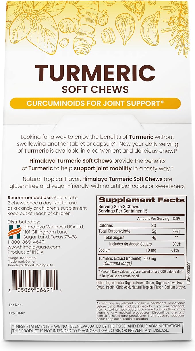 Himalaya Turmeric Chews with Curcumin for Healthy Joint Support, and Optimum Flexibility & Mobility, 300 mg of Extracts per Serving, 30 Soft Chews, 15 Day Supply