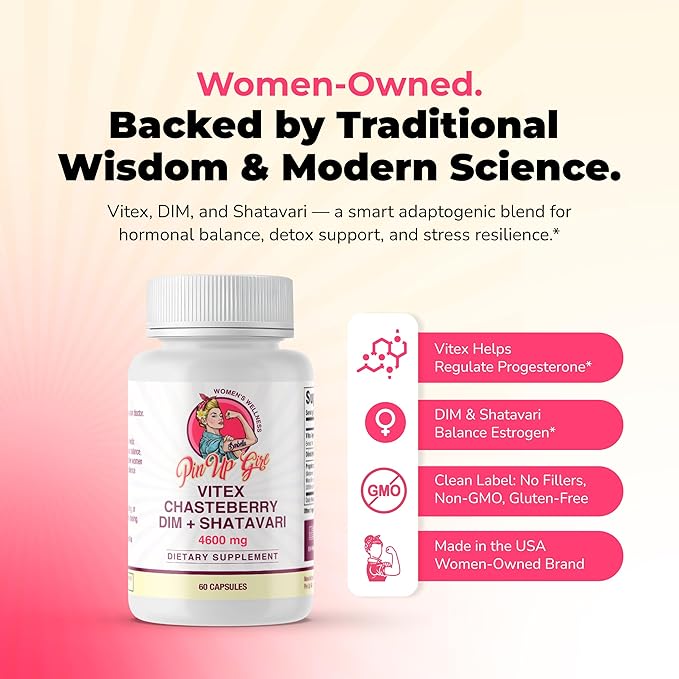 Pin Up Girl Vitex Chasteberry + DIM & Shatavari – Hormonal Balance Supplement for Women – Supports Hormonal Balance, Cycle Health & Reproductive Wellness – 4600mg - 60 Capsules