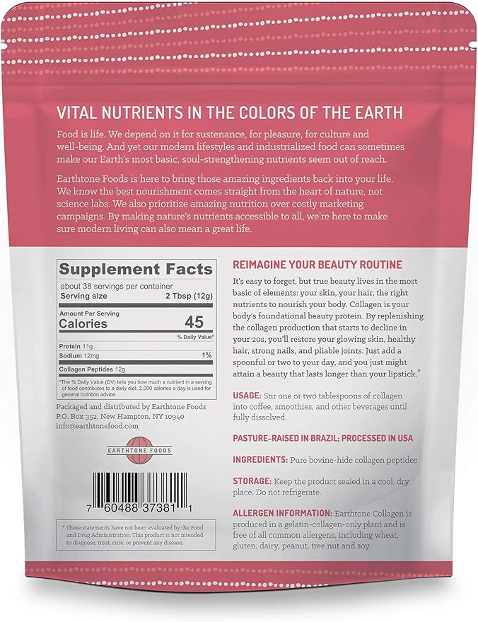 EARTHTONE Collagen Peptides Powder | Paleo-Friendly Hydrolyzed Grass-Fed Non-GMO Protein, 16 oz