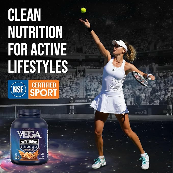 Vega Sport Vegan Protein Powder + Recovery - 30g Plant Based Protein per Serving, Peanut Butter, 45 Servings, 5g BCAAs, Probiotics, NSF Certified, for Shakes & Smoothies, 4.2lbs (Packaging May Vary)