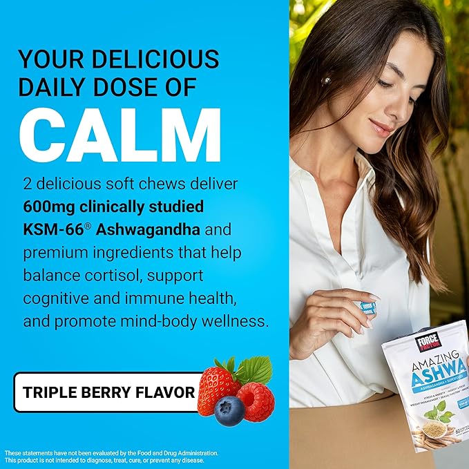 Force Factor Amazing Ashwa for Stress Relief, Memory, Focus, and Immune Support Health, Ashwaganda Supplement with KSM-66 Ashwagandha for Stress, 120 Soft Chews
