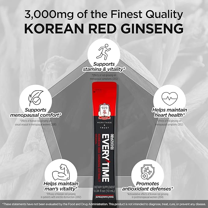 JUNG KWAN JANG Everytime Korean Red Ginseng Extract Stick 3,000mg Original - Adaptogen Energy Drink Liquid Stick Supplements - Energy Boost & Immune Support, Caffeine Free (30 Sticks)