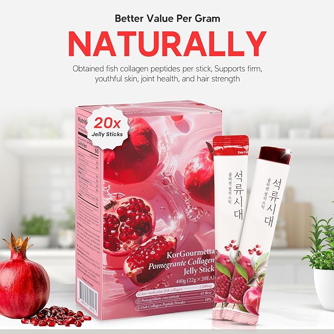 | Pomegranate Collagen Stick – 20 Sticks, 0.77oz(22g) | Korean Fruit Extract, Daily Beauty Supplement, No Sugar Added, Portable On-the-Go Sticks | 석류 콜라겐 스틱
