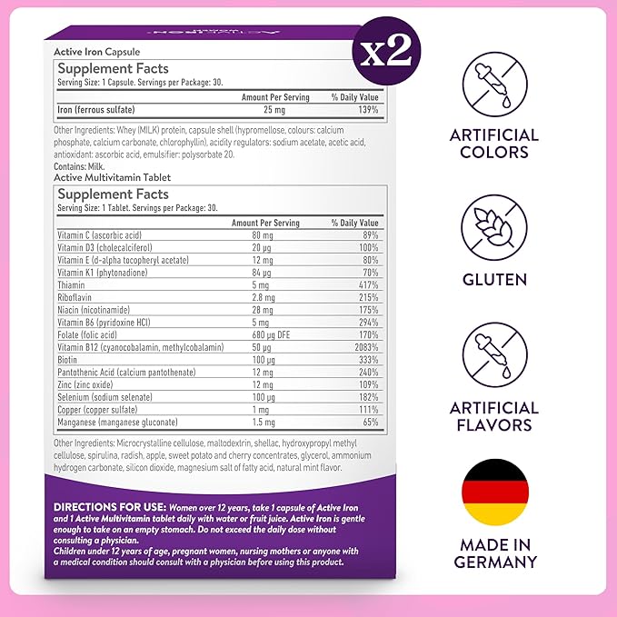 Active Iron Supplement 25mg + Multivitamin for Women, Clinically Proven to Increase Iron & Energy Levels, Maximum Absorption, Gentle, Non-Constipating, 60 Capsules + 60 Tablets in On-the-Go Foil Packs