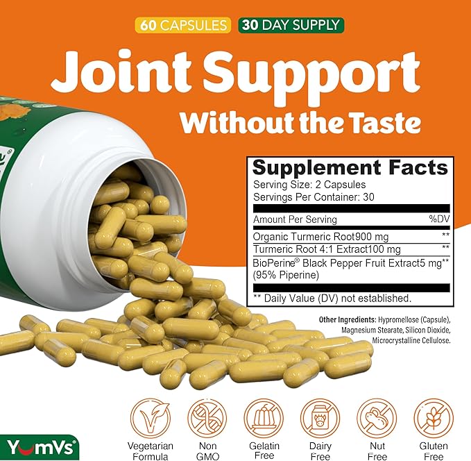 YUM-Vs Turmeric Curcumin Supplement with Black Pepper – Made with 100mg Extract + 900mg Raw Organic Turmeric – Supplement for Joint Health & Mobility – Non-GMO, Gluten Free, Vegetarian (60 Capsules)