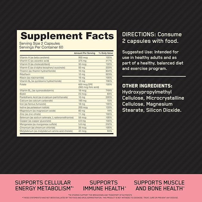 Optimum Nutrition Opti-Women, Vitamin C, Zinc and Vitamin D for Immune Support Womens Daily Multivitamin Supplement with Iron, Capsules, 120 Count