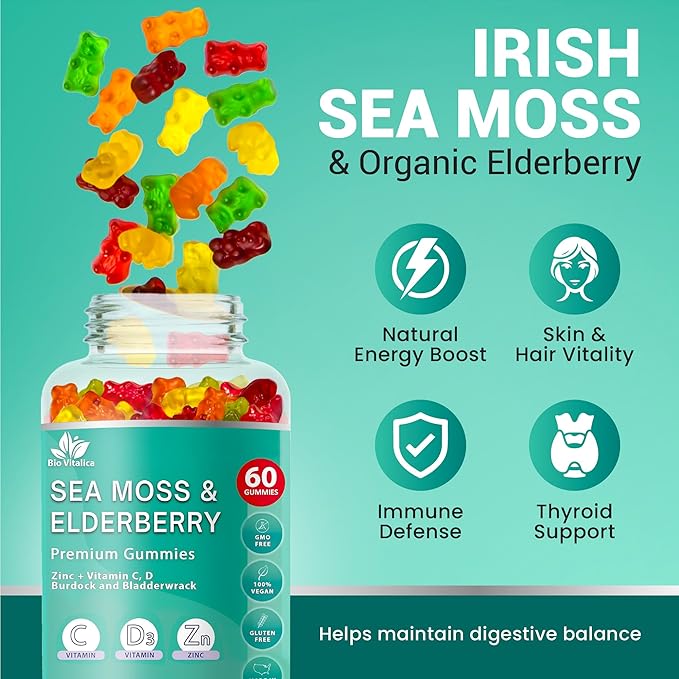 BIO VITALICA Irish Sea Moss Gummies with Elderberry – USA Made Vegan Gummies with Vitamin C, D & Zinc – Immune Support Supplement with Bladderwrack & Burdock Root for Adults & Kids – 6 Packs