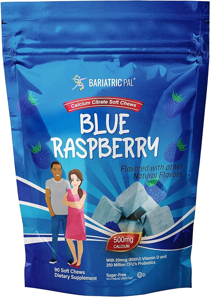 BariatricPal Sugar-Free Calcium Citrate Soft Chews | 500mg with Vitamin D & Probiotics | Blue Raspberry | 90 Count (1 Month Supply)