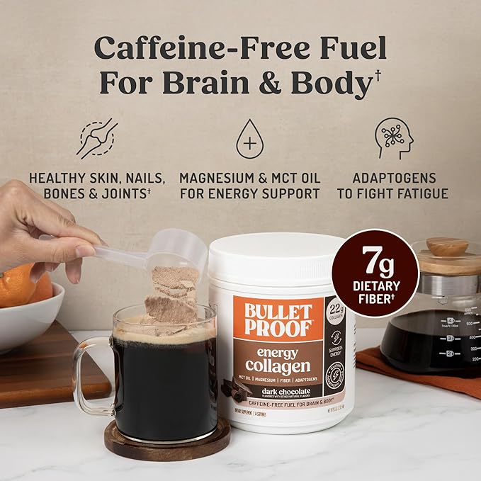 Bulletproof Dark Chocolate Energy Collagen Protein, 19.3 Ounces, Caffeine-Free Fuel with Vitamins and Antioxidants, Blend with Ginseng, Magnesium, Cordyceps Mushroom