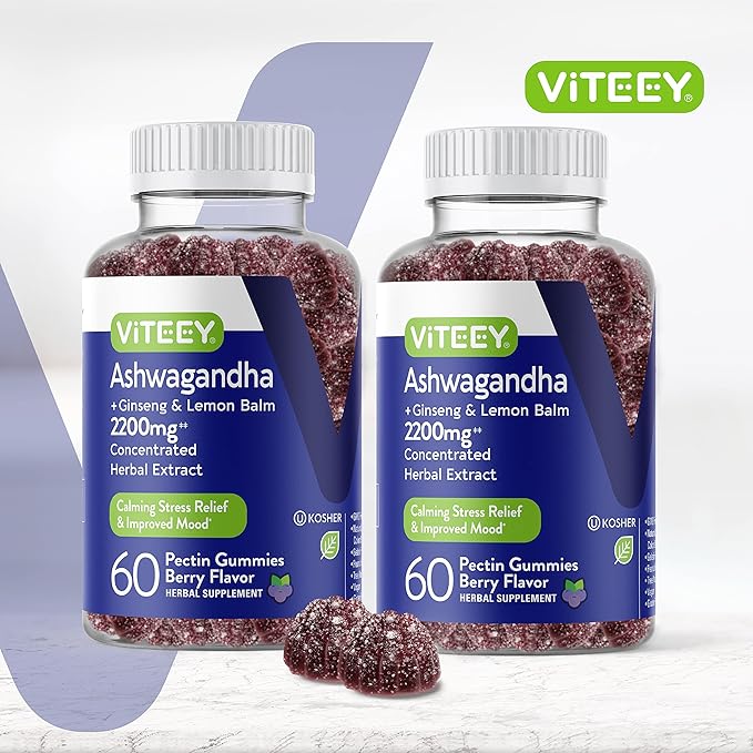 Viteey Ashwagandha Gummies with Ginseng & Lemon Balm - Mood, Calm & Stress Support Ashwagandha Supplements - Vegan, Gluten-Free - 120 Count