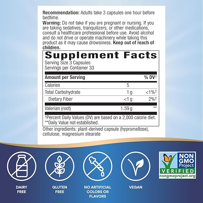 Nature's Way Valerian Root, Traditional Sleep Support*, Non-GMO Project Verified, Gluten Free, Vegan, 100 Capsules (Packaging May Vary) - 2 Pack
