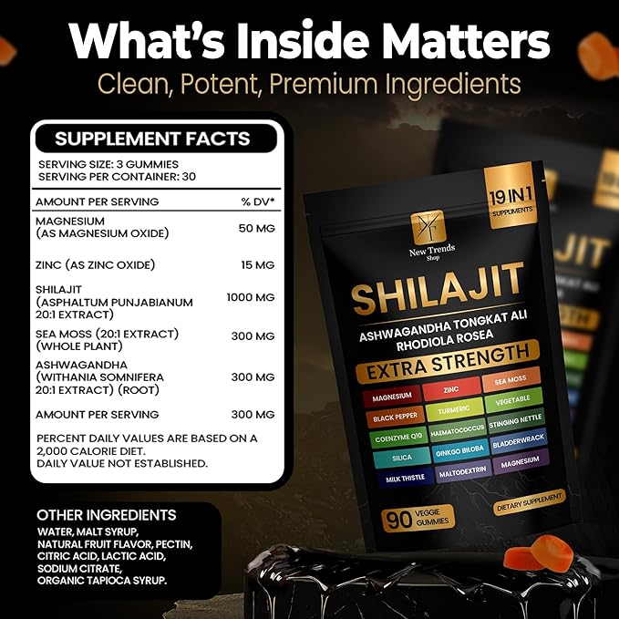 Shilajit Gummies 19 in 1 with Sea Moss, Ashwagandha, Tongkat Ali - Shilajit Pure Himalayan Organic Fulvic Acid Gummies- 90 Count