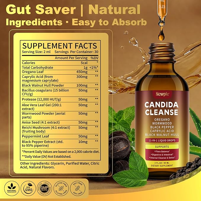 Candida Cleanse & Parasite Cleanse Detox | Black Pepper-Boosted Triple-Targeting Formula with Caprylic Acid, Oregano, Black Walnut | Gut Health, Immune Support (2 Fl Oz)