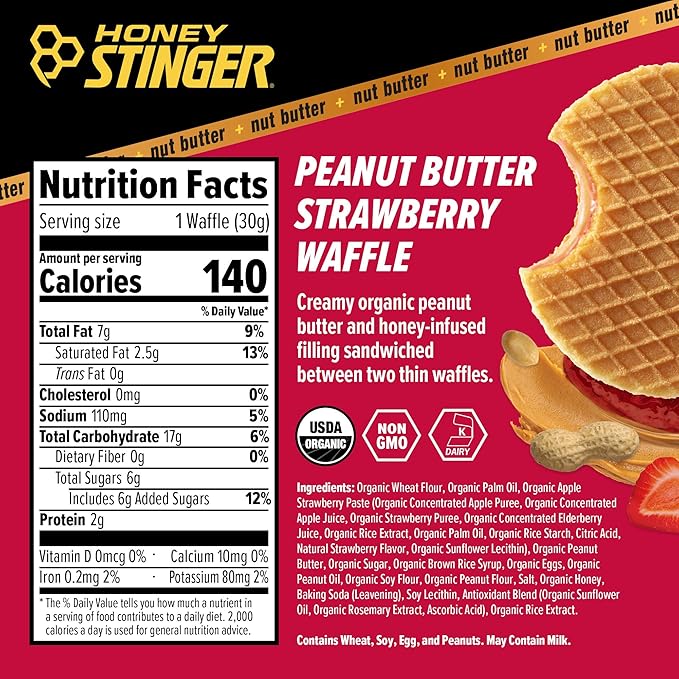 Honey Stinger Organic Peanut Butter Energy Waffle Variety Pack of 18, 6 Pack Each of Peanut Butter, PB Chocolate and PB Strawberry, Nutritious Stroopwafel Snack for Exercise, Endurance and Performance