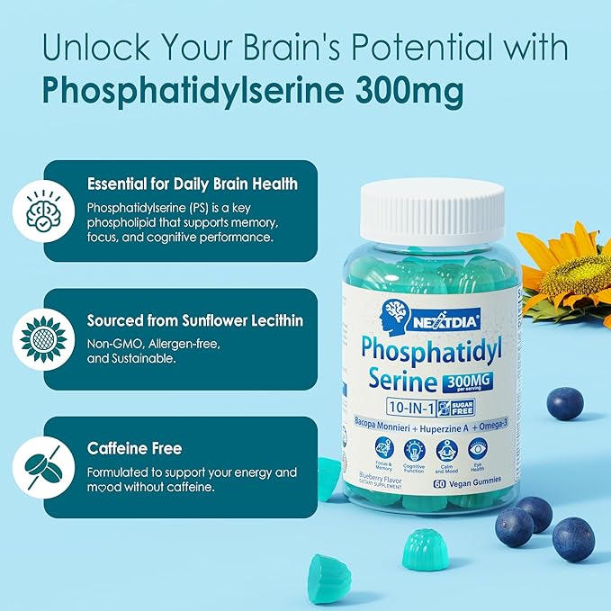 Phosphatidylserine - Nootropic Brian Supplement, Focus & Energy Gummies + Bacopa Monnieri, Omega 3, Huperzine A, Methyl B12 & B6 for Seniors, Gamers, Workers, Non-GMO, Caffeine-Free, Sugar Free,60 Cts
