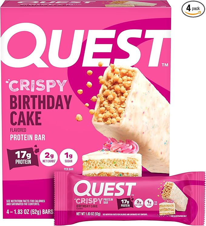Quest Nutrition Crispy Birthday Cake Protein Bar, 17g Protein, 1g Sugar, 2g Net Carbs, Gluten Free Protein Snack, Keto Friendly, 4 Count
