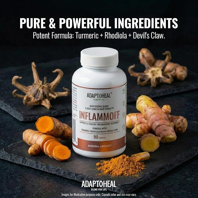 ADAPTOHEAL Inflammoff - Adaptogenic Supplement Designed to Support Joint, Muscle and Tissue Inflammation Naturally, 8 Highly Concentrated extracts with Turmeric and Rhodiola rosea (90 Capsules)