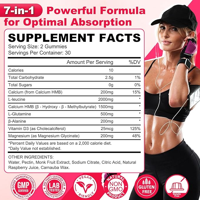 2 Pack HMB and Leucine Gummies, HMB & Leucine Amino Acid for Muscle Growth, Muscle Relief, HMB Supplements for Men & Women, Vegan, Non-GMO, Raspberry Flavor, 120 Count