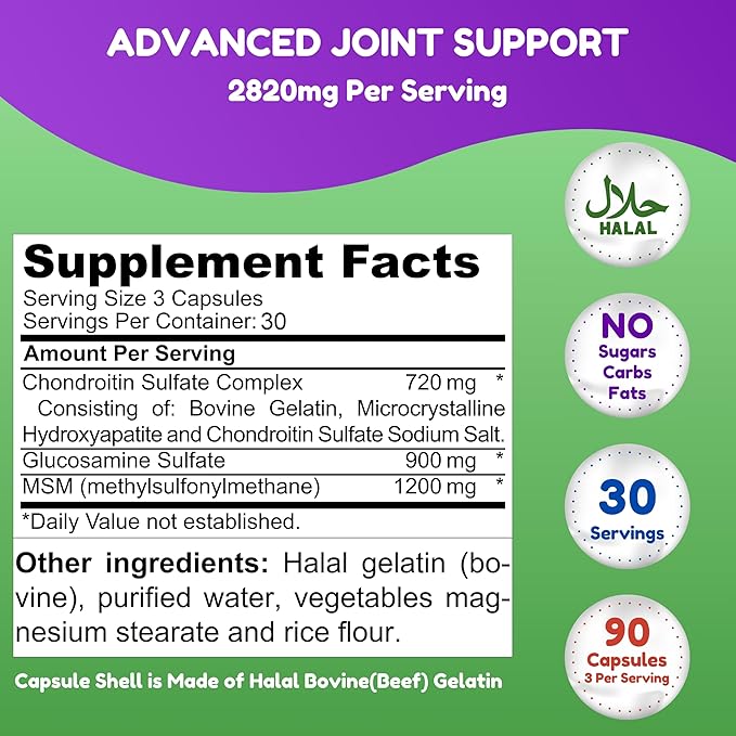 SHIFAA NUTRITION Halal Joint Support Supplement w/Glucosamine Chondroitin MSM | 2820mg 30 Servings | Non-GMO
