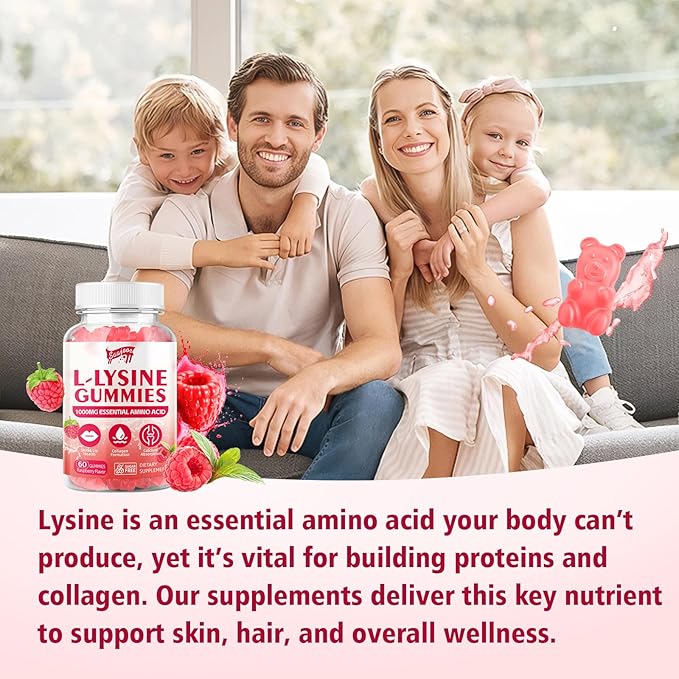 L-Lysine 1000mg Gummies for Immune Support & Skin Health - Vegan, Gluten Free Amino Acid Supplement for Adults, Raspberry Flavor, 60 Gummies