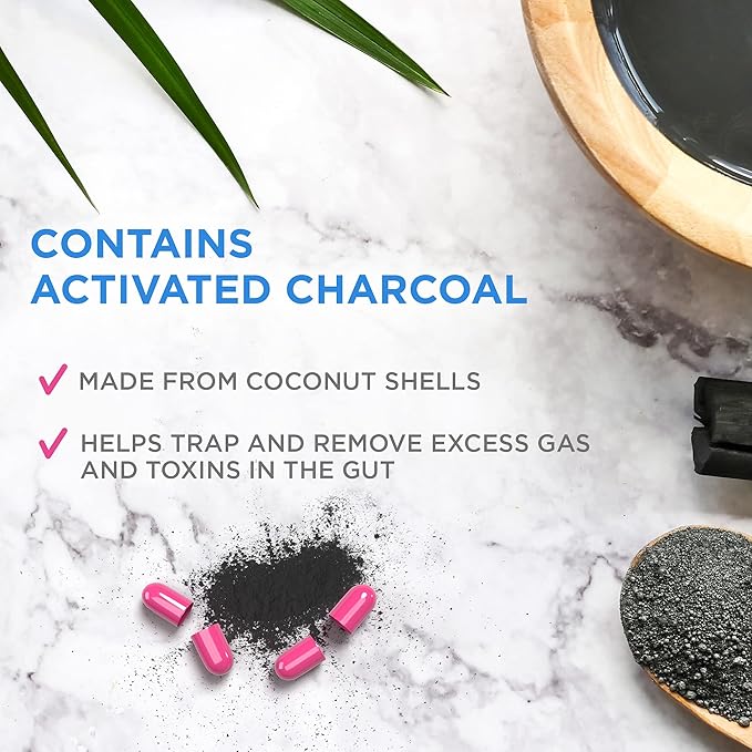 Charcocaps Fast Acting Gas Relief for Bloating & Flatulence, Drug Free Detoxifying Activated Charcoal Formula, 100 Capsules, 30 Day Supply, Pink